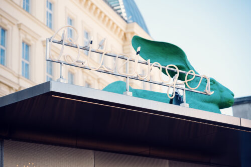 The rabbit sculpture and modern design of Bitzinger Würstelstand, adding a playful charm to Vienna's street food scene.