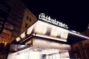 Architectural details of Bitzinger Würstelstand, reflecting its status as a beloved Viennese landmark.