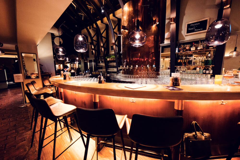 The stylish bar area inside Figls restaurant