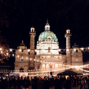 The St. Charles Church (Karlskirche) during Christmas market season.