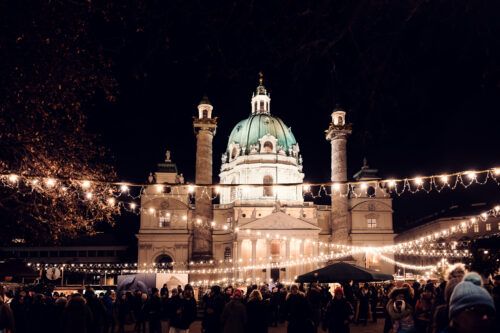 The St. Charles Church (Karlskirche) during Christmas market season.