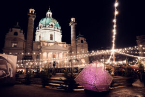 The beautiful Christmas lights in front of the St. Charles Church (Karlskirche).