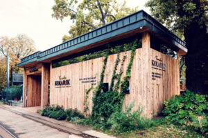 Inviting entrance to Luftburg Kolarik, offering a warm welcome to all visitors in Vienna's Prater.