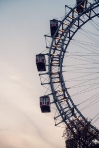 Detail shot of the Giant Ferris Wheel's (Wiener Riesenrad) historic cabin design and metalwork.