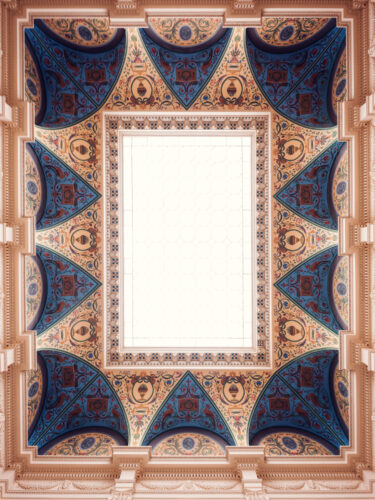 The ornate ceiling of Albertina Modern museum, featuring intricate geometric designs in blue, gold and red.