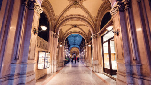 Charming boutiques and cafes lining the Ferstel Passage, offering a delightful shopping experience in Vienna.