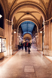 Charming boutiques and cafes lining the Ferstel Passage, offering a delightful shopping experience in Vienna.