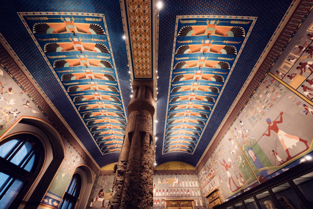 Original ancient Egyptian 6-meter-high columns and beautiful decorative elements in the Egyptian Collection of the Kunsthistorisches Museum Vienna.