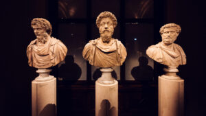 Busts of the Roman emperors Septimus Severus and Marcus Aurelius in Kunsthistorisches Museum Vienna.