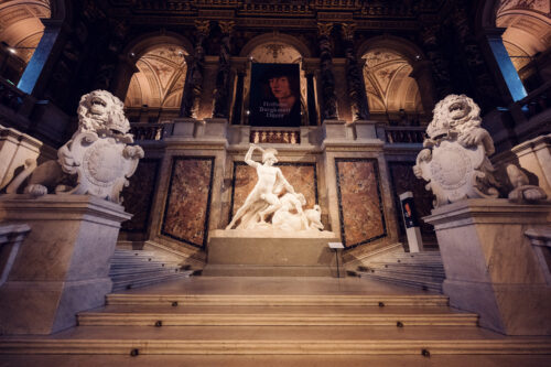 The magnificent central staircase at the Kunsthistorisches Museum Vienna showcases Antonio Canova's 'Theseus and the Centaur'.