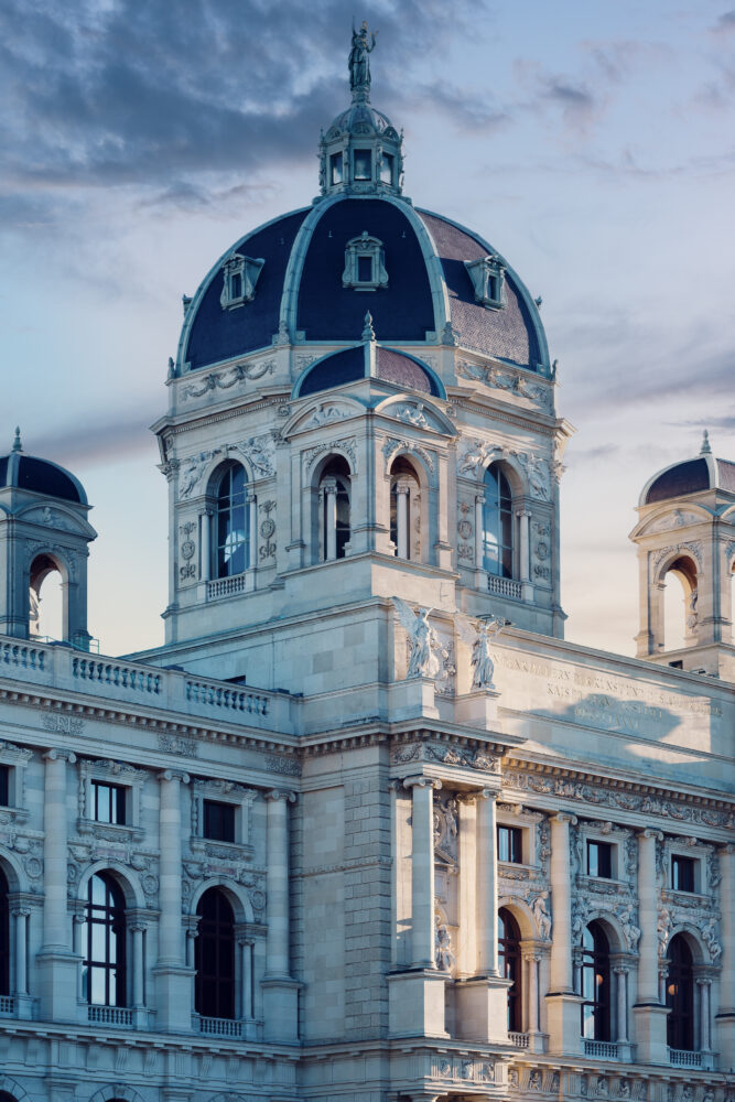 The Kunsthistorisches Museum Vienna features magnificent Neo-Renaissance architecture with rich decorations, imposing columns, and a large dome