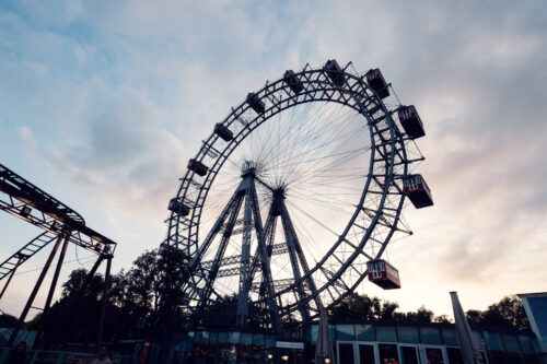 Majestic silhouette of Giant Ferris Wheel (Wiener Riesenrad) towering over Prater.