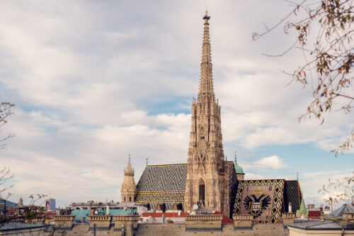 Close-up view of St. Stephen's Cathedral from Sky Bar & Roofgarden at Steffl, showcasing its intricate details.