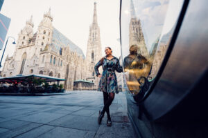 Elegant portrait in front of majestic St. Stephen's Cathedral, where Gothic architecture creates the perfect backdrop for photography.
