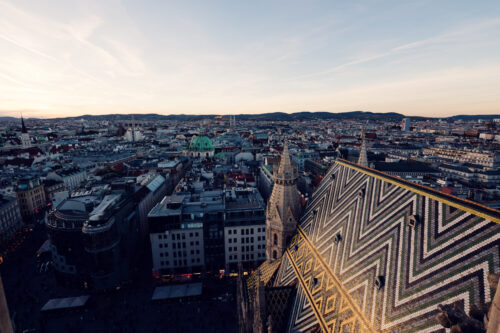 Geometric patterns of the St. Stephen's Cathedral tower's stone tracery.