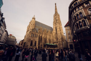 St. Stephen's Cathedral silhouette at sunset, creating a stunning skyline composition.