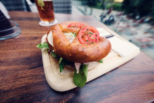 Fresh pretzel served at Stöckl im Park in Vienna.