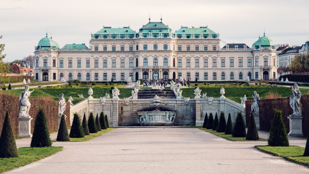 Belvedere Castle viewed from lower gardens, emphasizing its commanding hilltop position.