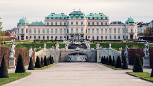 Belvedere Castle viewed from lower gardens, emphasizing its commanding hilltop position.