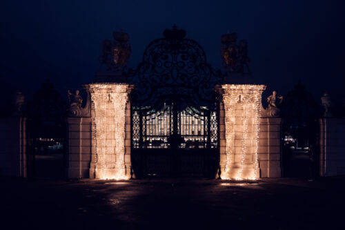 Enchanted main gateway at Belvedere Palace during Christmas Market season.