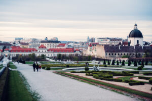 Formal baroque gardens of Belvedere Castle with perfectly manicured hedges and geometric patterns.