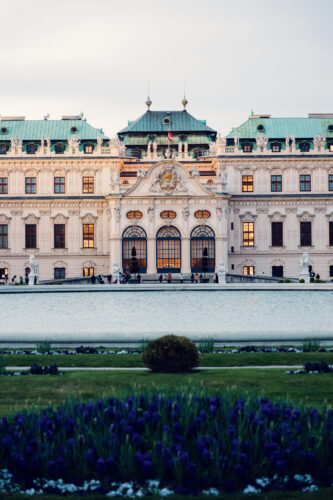 South-facing facade of Belvedere Castle with its characteristic twin towers and copper domes.