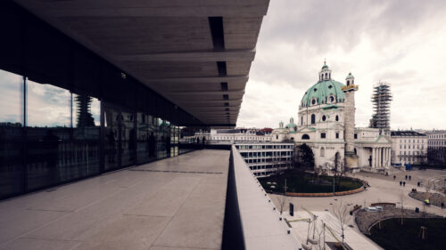 The big terrace with view on the Karlskirche at The Wien Museum.