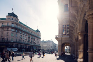 Side view of the Vienna State Opera, highlighting its magnificent architectural proportions.