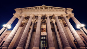 Intricate architectural details of the Austrian Parliament in Vienna.