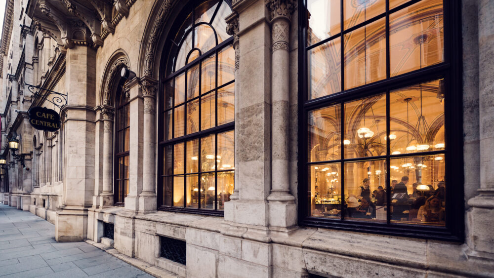 Café Central's iconic facade in Palais Ferstel, a symbol of Vienna's coffee culture.