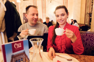 Authentic Wiener Melange at Café Central, a creamy blend of espresso and milk.