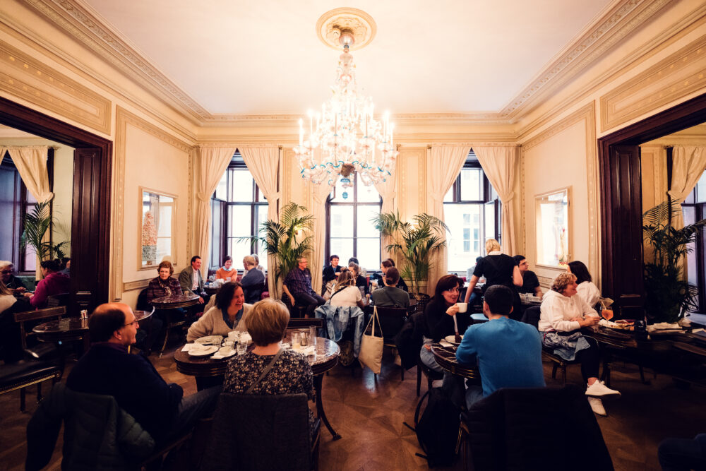 Café Demel's opulent chandeliers and decor, reflecting its royal heritage.