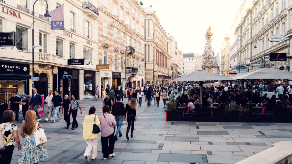 Cafés along the Graben in Vienna are the perfect spot to enjoy a coffee while people-watching on this bustling street.