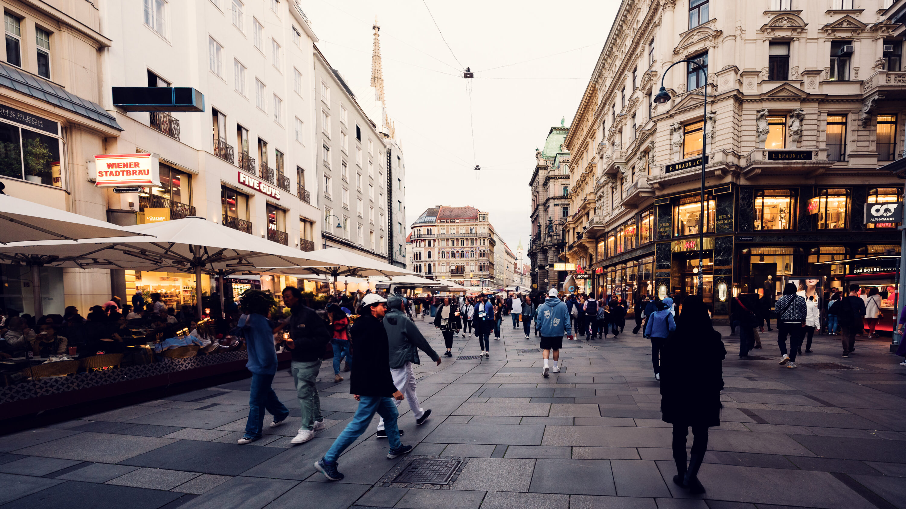 The Graben is a historic street in Vienna, known for its elegant architecture, lively cafés, and vibrant shopping scene.