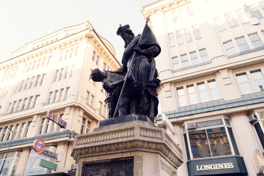 The Leopold Fountain (Leopoldobrunnen) at the Graben in Vienna is an ornate Baroque fountain dedicated to St. Leopold, featuring intricate sculptures and serving as a historic landmark in the heart of the city.