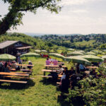 Outdoor seating area at Mayer am Nussberg surrounded by vineyards with views of Vienna's hills.