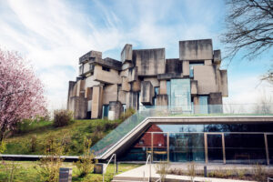 Striking exterior of Wotrubakirche in Vienna, showcasing its unique concrete block architecture.