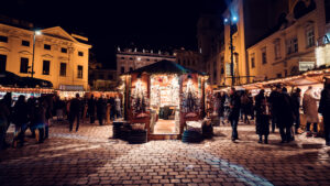 Festive atmosphere at the Freyung Christmas market, with twinkling lights.