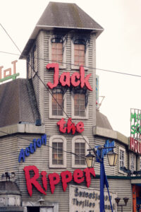 Jack the Ripper horror attraction at Prater Vienna Austria, dark themed haunted house experience with Victorian London setting in historic Wiener Prater amusement park.