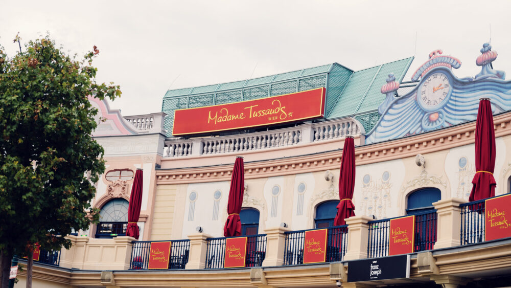 Madame Tussauds Vienna wax museum at Prater Austria, celebrity wax figure attraction with iconic museum facade in historic Wiener Prater entertainment district.