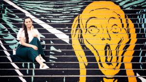 Street art mural of "The Scream" on the stairs of Albertina Museum in Vienna.