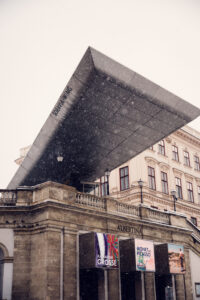View from below of Albertina Museum's striking roof extension in Vienna.