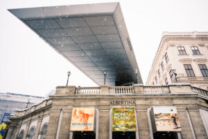 View from below of Albertina Museum's striking roof extension in Vienna.