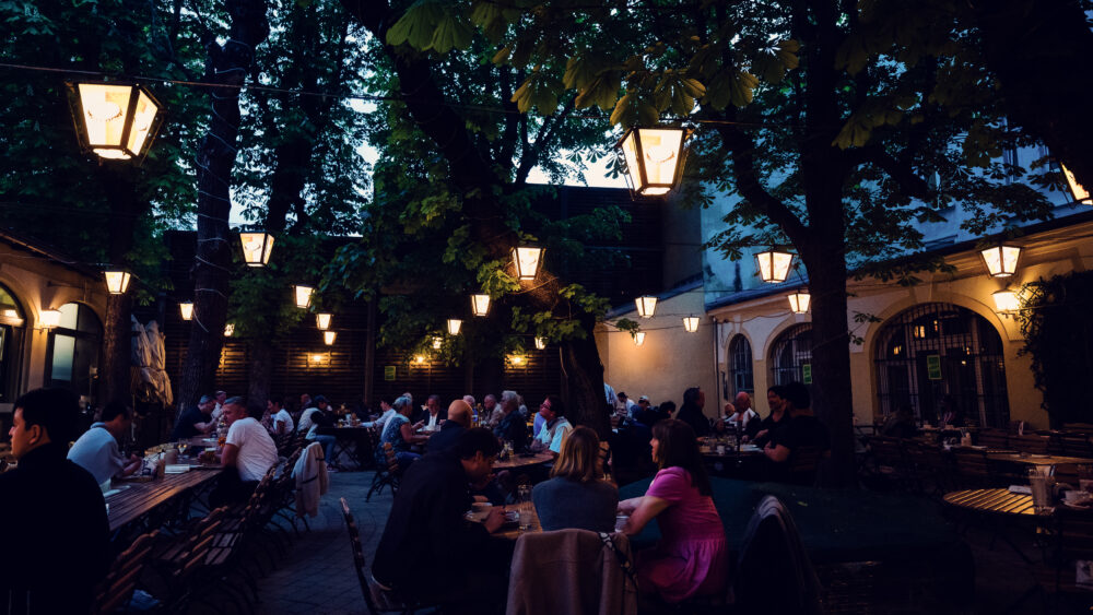 Brandauer's Schlossbräu's inviting beer garden, perfect for gatherings.