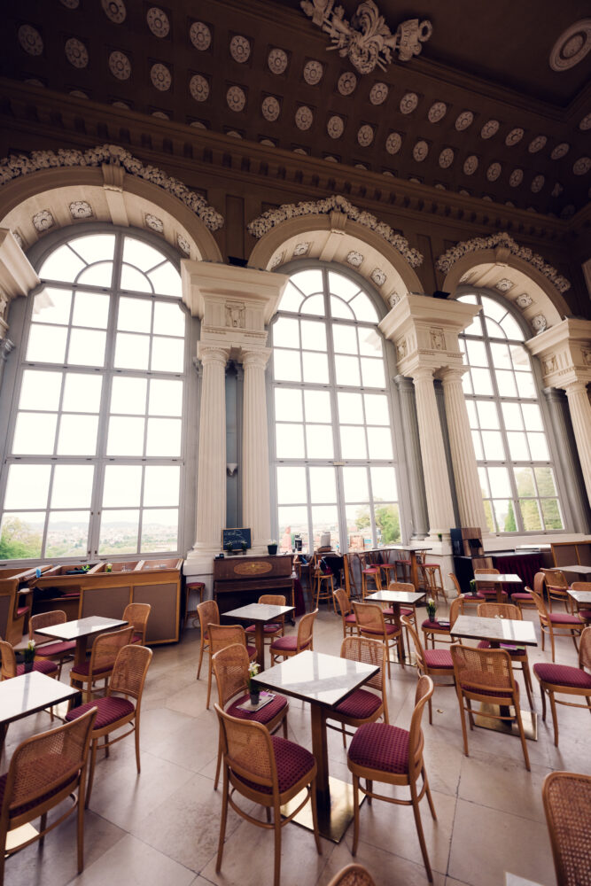 Intricate architectural details of Café Gloriette, a testament to Vienna's imperial past.