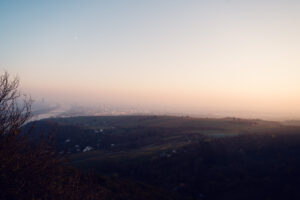Sunset reflection in Danube's curves viewed from historic Leopoldsberg summit.