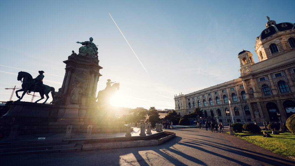 Grand architectural ensemble of Maria-Theresien-Platz, where the bronze empress presides over Vienna's museum quarter.