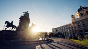 Grand architectural ensemble of Maria-Theresien-Platz, where the bronze empress presides over Vienna's museum quarter.