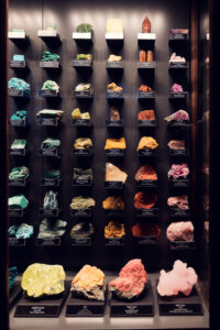 Mineral collection at Natural History Museum Vienna (Naturhistorisches Museum Wien), featuring multicolored gemstone specimens in precious stone display on Maria-Theresien-Platz.