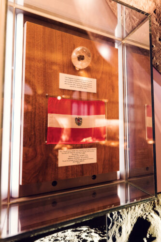 Austrian flag carried to the Moon during the Apollo XVII mission at the Natural History Museum..